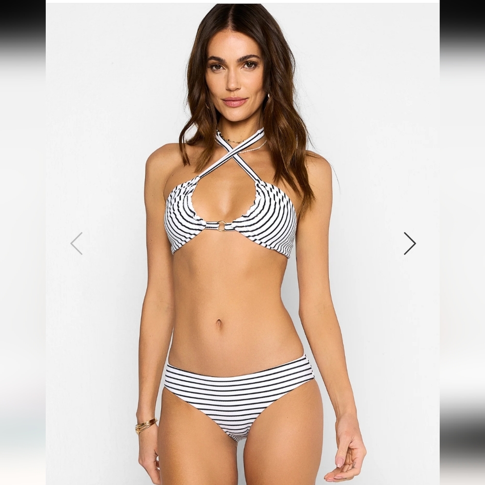 Beach Bunny Georgia Halter Bikini Top XL NWT Ribbed Black White Stripe
